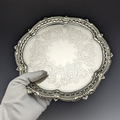 1899年 英国アンティーク 純銀製サルヴァ カードトレイ 直径22cm 315g Mappin Brothers